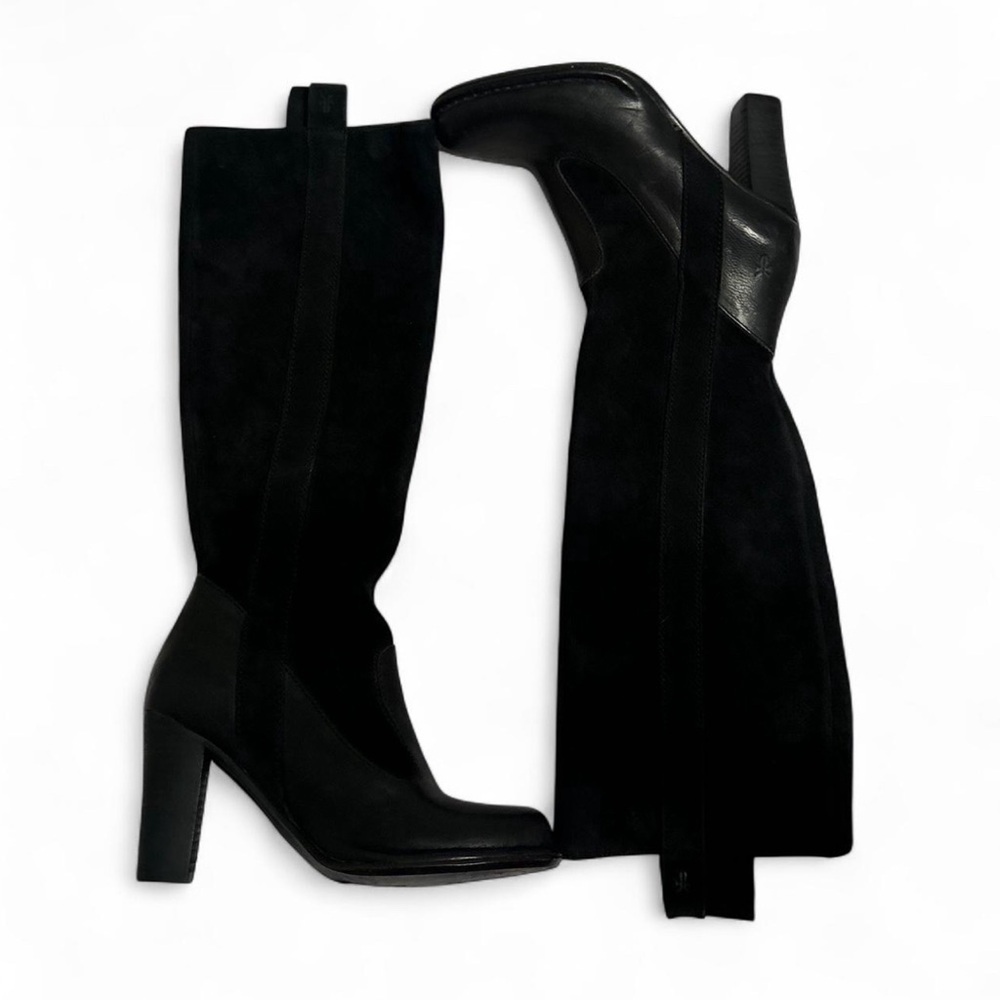 Frye Villager Pull on Tall Heeled Leather & Suede Black Boots SIZE 6.5M